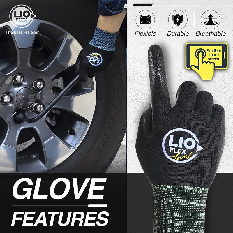 LIO FLEX Safety Work Gloves with Touchscreen Fingers, 3 Pairs Thin & Lightweight Working Gloves, Ideal for Warehouse Workers, Delivery Drivers, Nitrile Foam Coated Grip Gloves for Women and Men (Black, XL) - Image 5